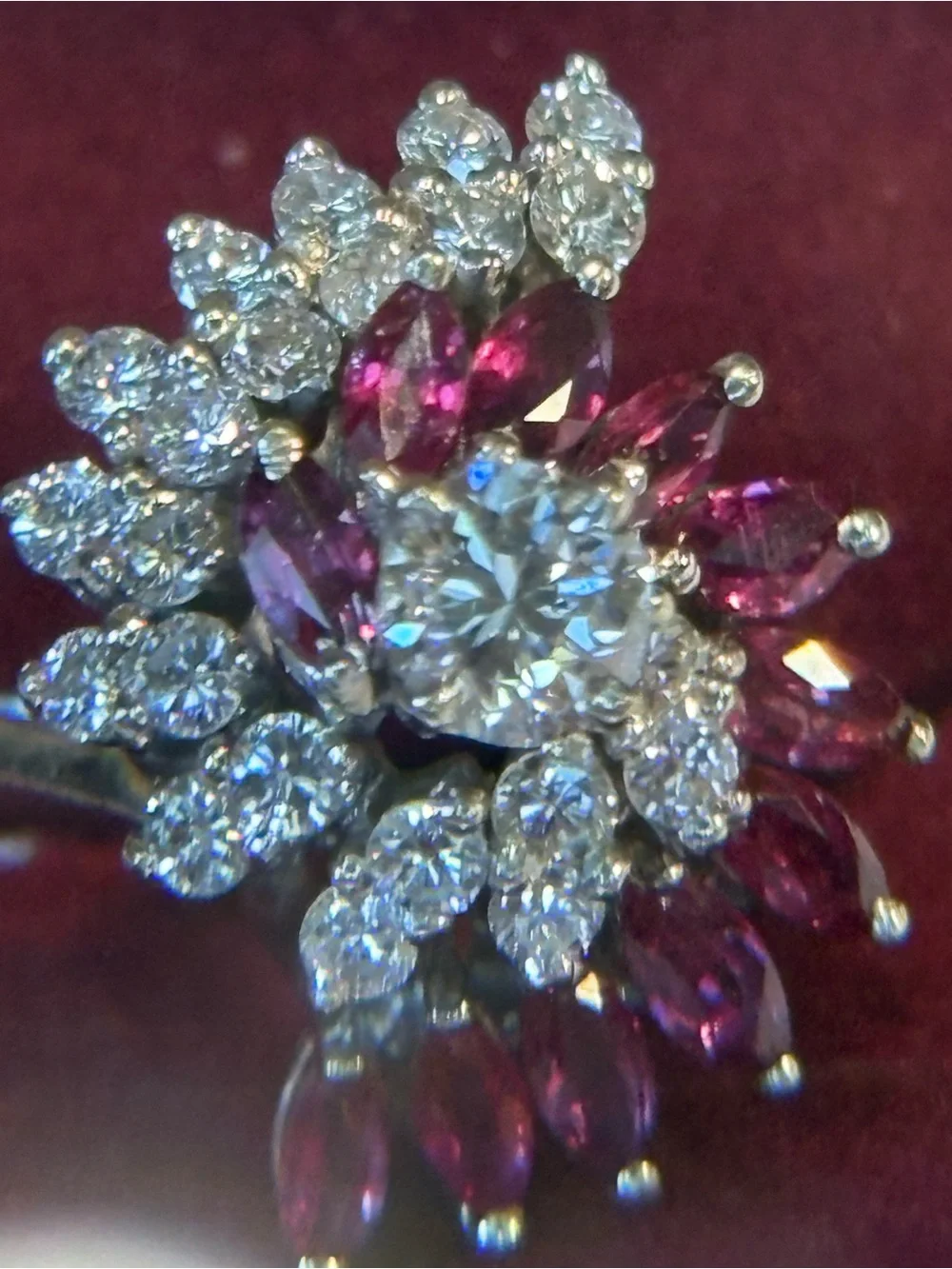 Vintage Diamond and Ruby 14k white gold Cluster Cocktail Ring 4900$
